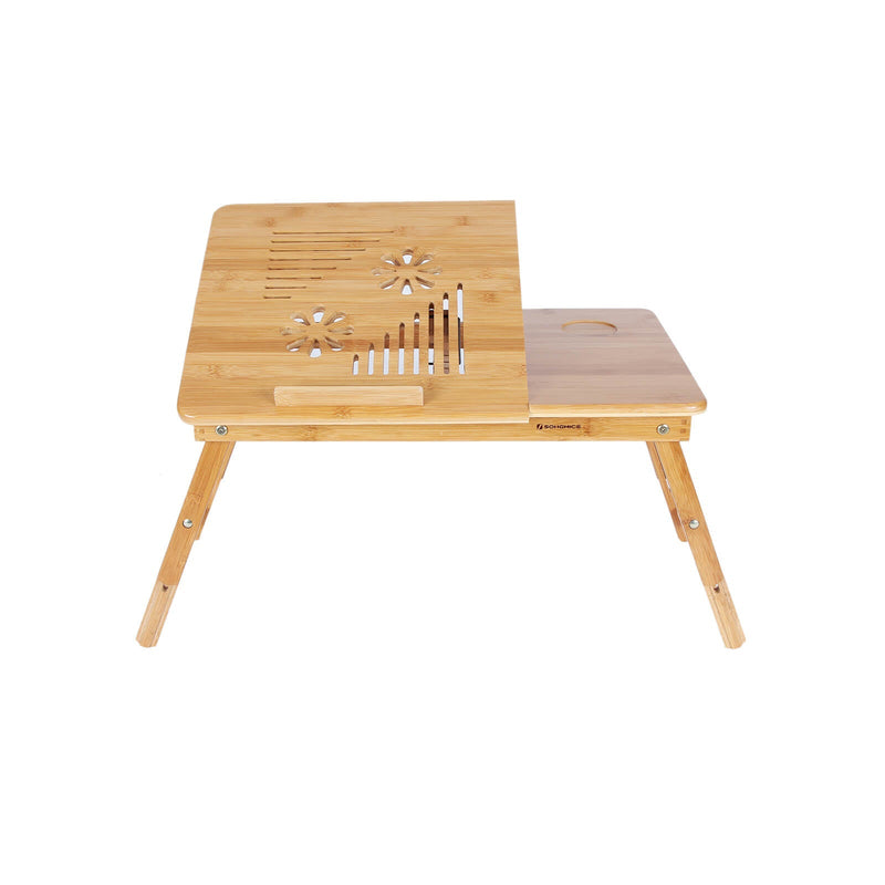 Front view of the bamboo laptop table showing the vented main panel and the cup recess beside it