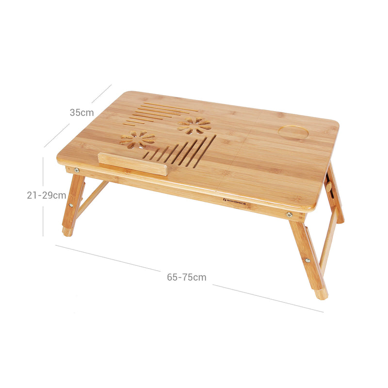 Dimension diagram of the bamboo laptop table showing 35 cm depth, 65 to 75 cm width and 21 to 29 cm height