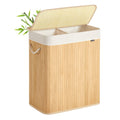 Songmics natural bamboo laundry basket with the lid propped open and a white fabric liner