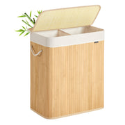 Songmics natural bamboo laundry basket with the lid propped open and a white fabric liner