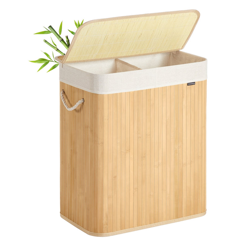 Songmics natural bamboo laundry basket with the lid propped open and a white fabric liner