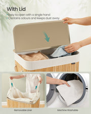 Hands opening the basket lid, with insets showing the removable liner and machine-washable fabric