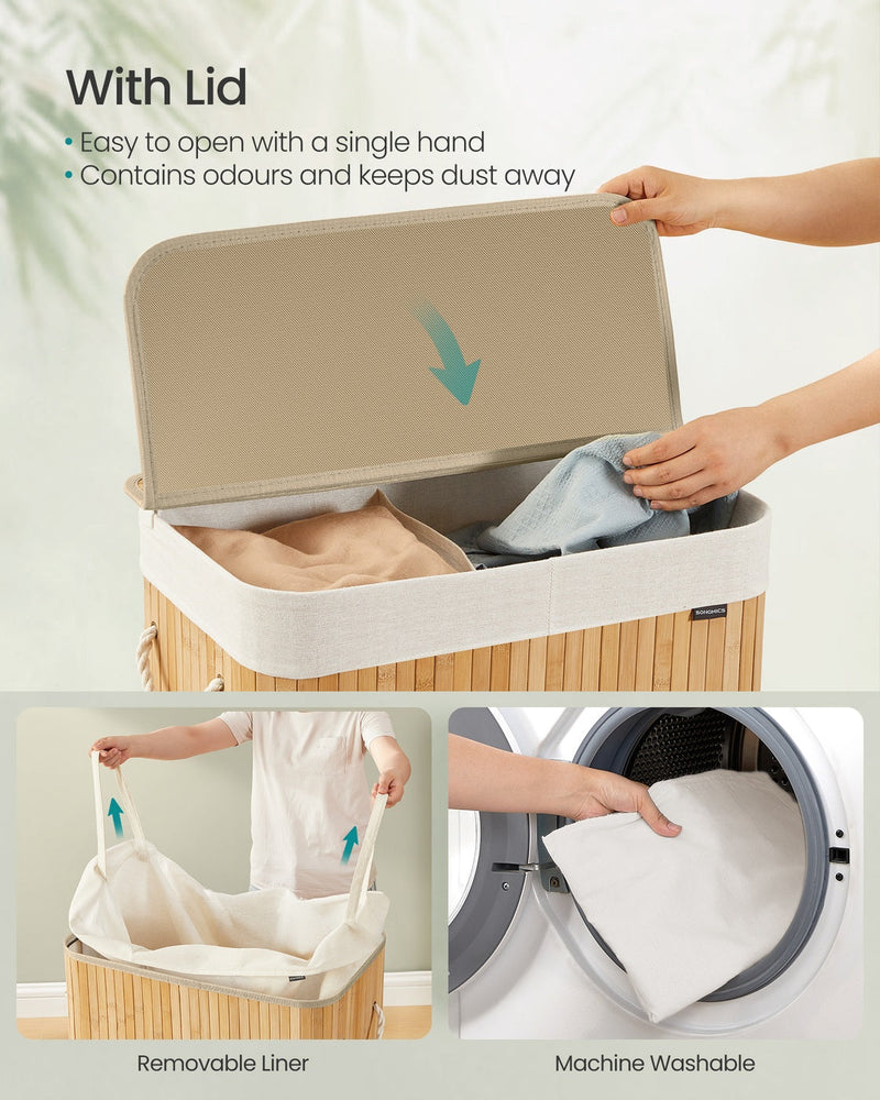 Hands opening the basket lid, with insets showing the removable liner and machine-washable fabric