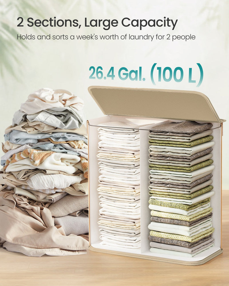 Two-section interior holding folded laundry in separate stacks beside a pile of clothes