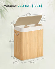 Dimension diagram giving 52 by 32 by 61 cm with a 9 cm fabric cuff and 100 L volume