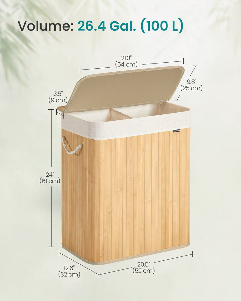 Dimension diagram giving 52 by 32 by 61 cm with a 9 cm fabric cuff and 100 L volume
