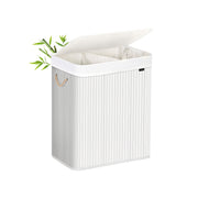 White bamboo laundry basket with lid, closed, studio shot