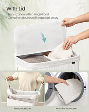 Lid opens with one hand and traps odours, removable machine washable liner