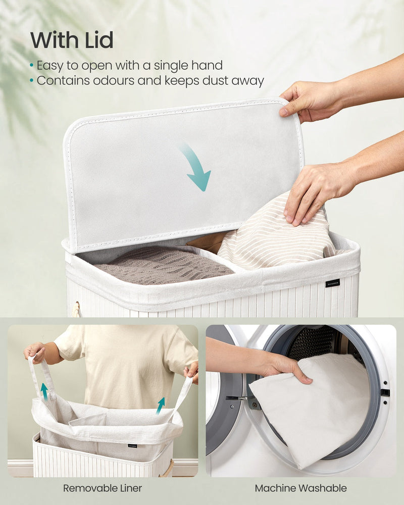 Lid opens with one hand and traps odours, removable machine washable liner