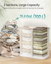 2 sections hold a week's laundry for 2 people, 100L capacity