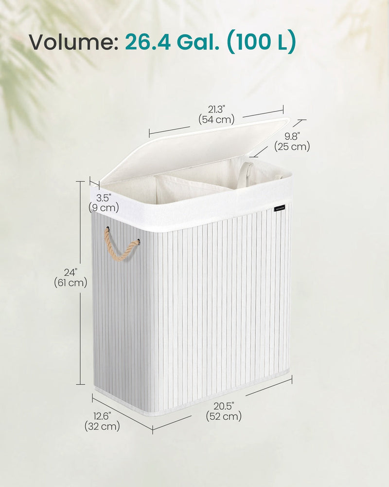 Dimensions diagram: 52 x 32 x 61 cm, 100L bamboo laundry basket