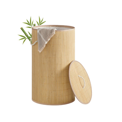 Songmics natural bamboo laundry basket with lid, studio shot with lid resting beside the basket