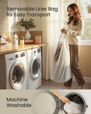 Woman carrying the removable machine washable liner bag from the bamboo laundry basket
