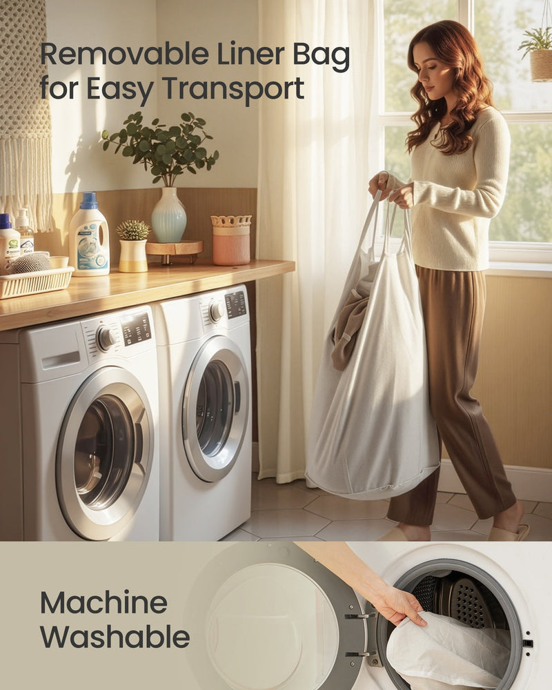 Woman carrying the removable machine washable liner bag from the bamboo laundry basket