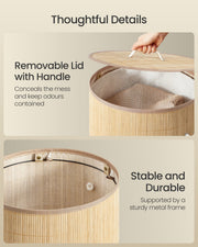 Close-up of the removable lid handle and the metal frame support inside the bamboo laundry basket