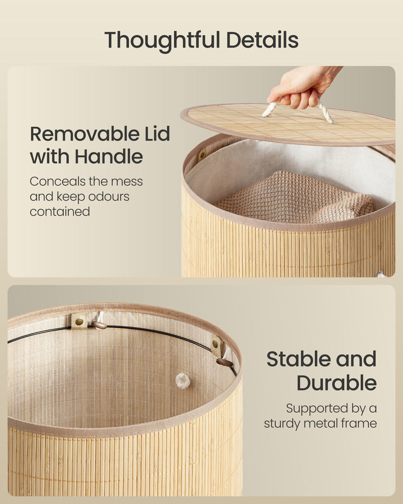 Close-up of the removable lid handle and the metal frame support inside the bamboo laundry basket