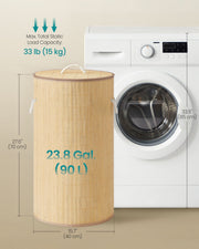 Dimensions diagram of the bamboo laundry basket showing 40cm diameter and 70cm height next to a washing machine