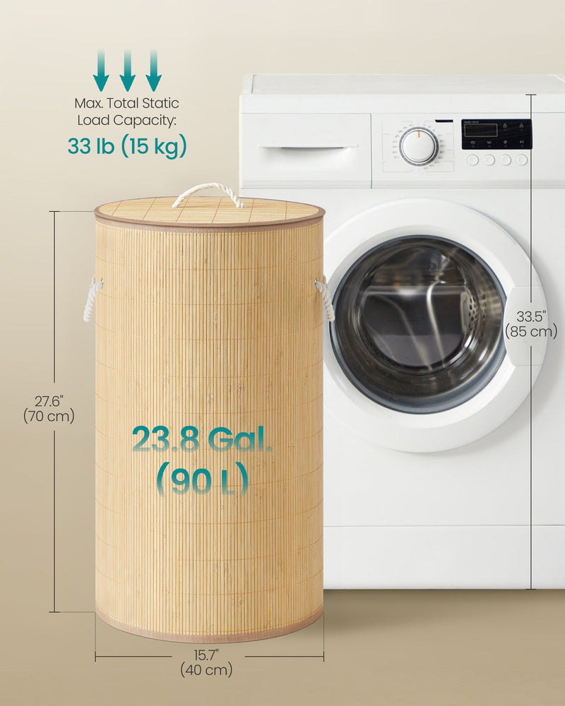 Dimensions diagram of the bamboo laundry basket showing 40cm diameter and 70cm height next to a washing machine