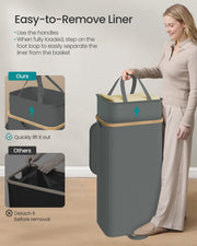 Feature panel showing the liner lifting out of the grey hamper by its handles