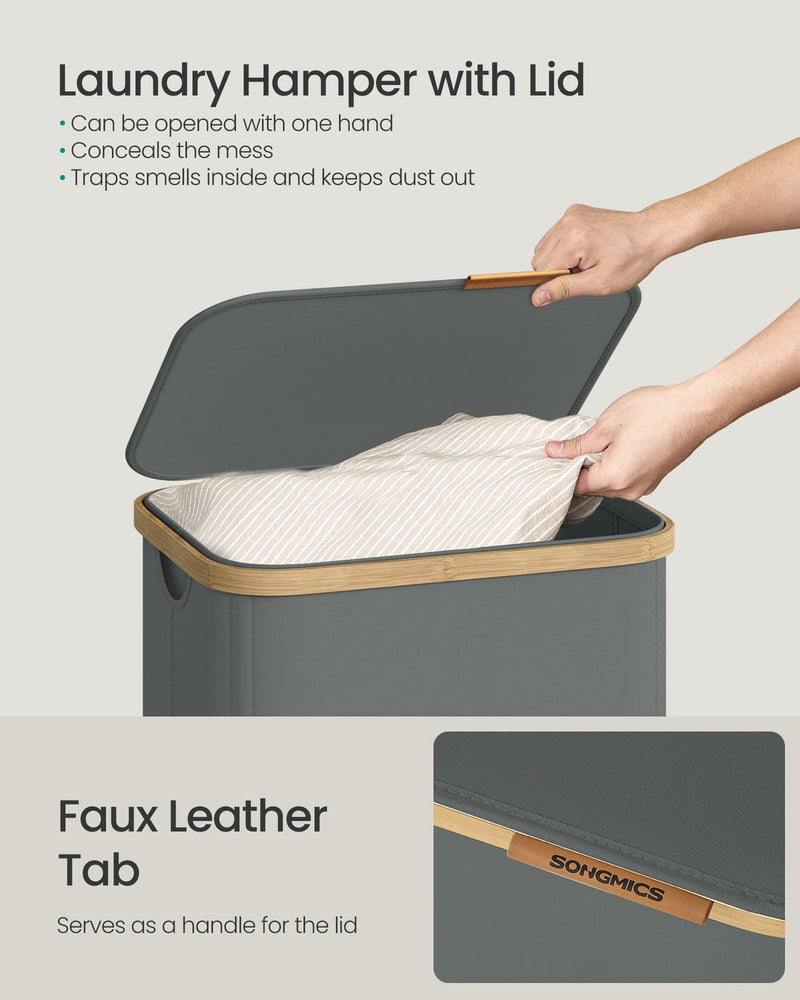 Feature panel showing the one-hand lid and the faux leather lid tab