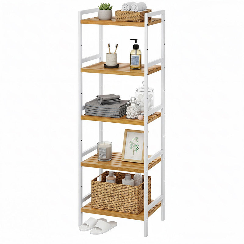 Bamboo 5-tier shelf unit by Songmics, side angle view