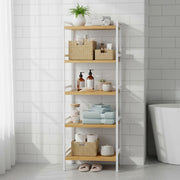 Bamboo 5-tier shelf unit by Songmics, styled in a bathroom setting