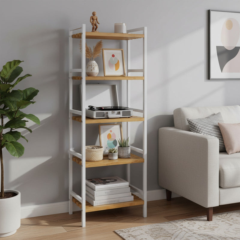 Bamboo 5-tier shelf unit by Songmics, styled in a kitchen setting