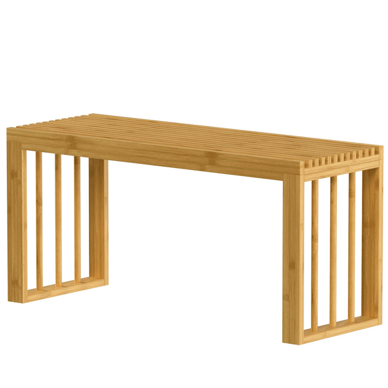 Natural bamboo shoe bench with slatted top and open sides on a white background
