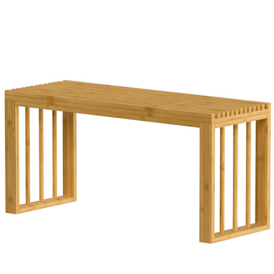 Natural bamboo shoe bench with slatted top and open sides on a white background