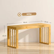 Bamboo bench dimensions diagram showing 90 cm width, 33 cm depth, 43 cm height and 120 kg capacity