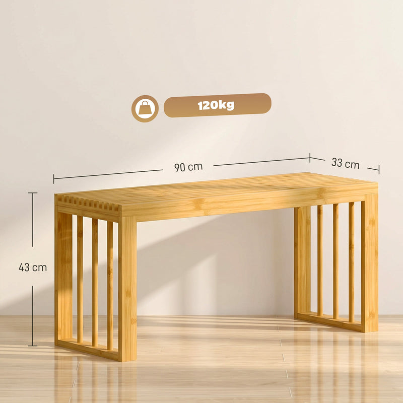 Bamboo bench dimensions diagram showing 90 cm width, 33 cm depth, 43 cm height and 120 kg capacity
