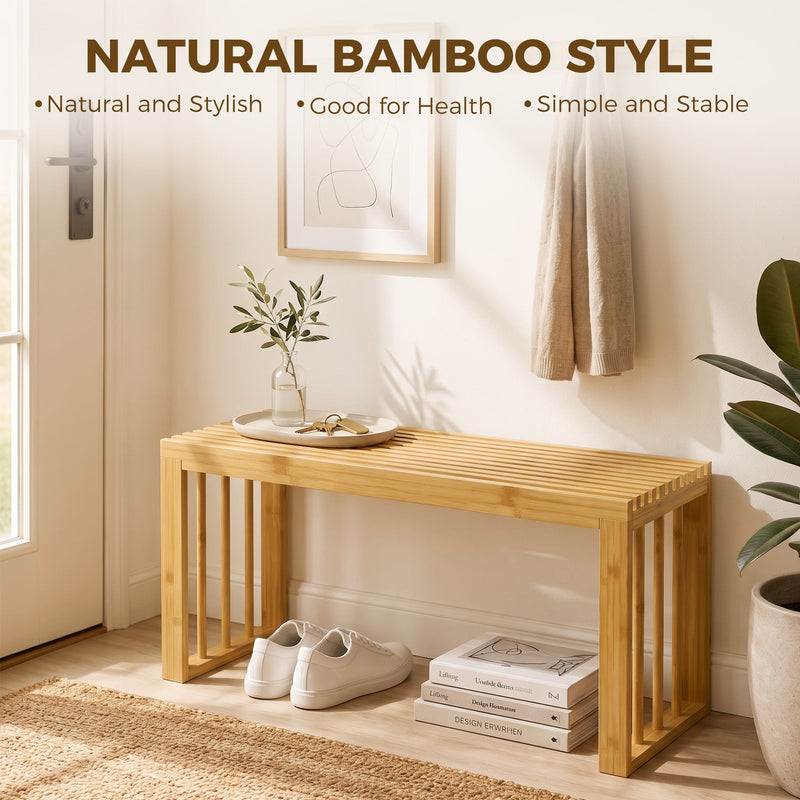 Bamboo bench by a front door with white trainers and books underneath