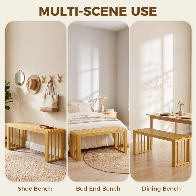 Three room settings showing the bench as a shoe bench, bed end bench and dining bench