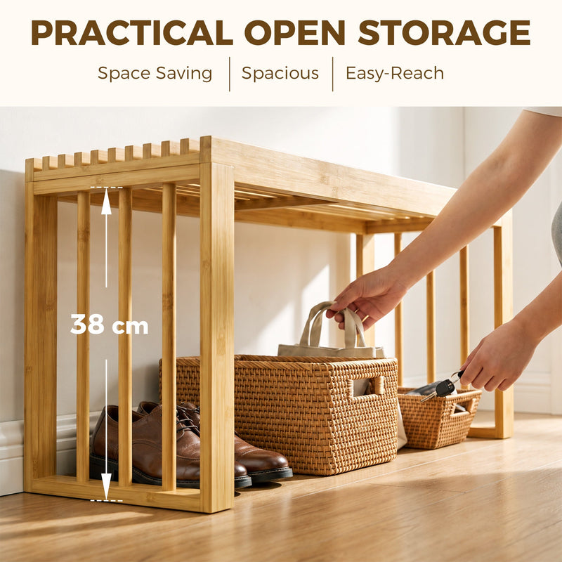 Open lower area of the bamboo bench measuring 38 cm high with baskets and shoes stored