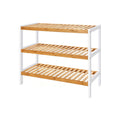 3-tier bamboo shoe rack by Songmics with white frame and natural bamboo slatted shelves