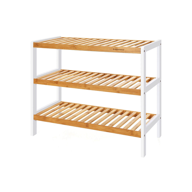 3-tier bamboo shoe rack by Songmics with white frame and natural bamboo slatted shelves