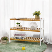 Bamboo shoe rack used as a hallway shelf with books, a vase and a potted plant