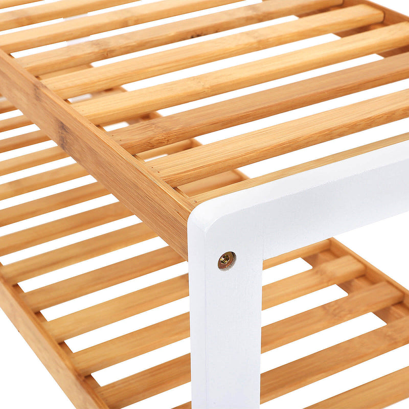 Close-up of the bamboo shoe rack's screw-fixed frame joint