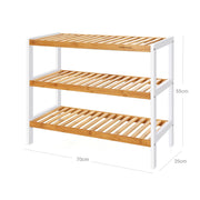 Dimensions diagram of the bamboo shoe rack showing 70 x 26 x 55 cm