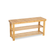 Studio shot of the natural bamboo shoe storage bench with two open shelves