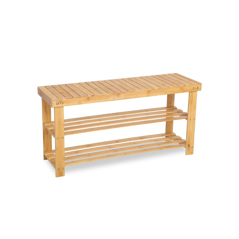 Studio shot of the natural bamboo shoe storage bench with two open shelves