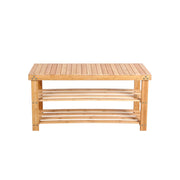Front view of the bamboo shoe bench showing the slatted seat and two shelves