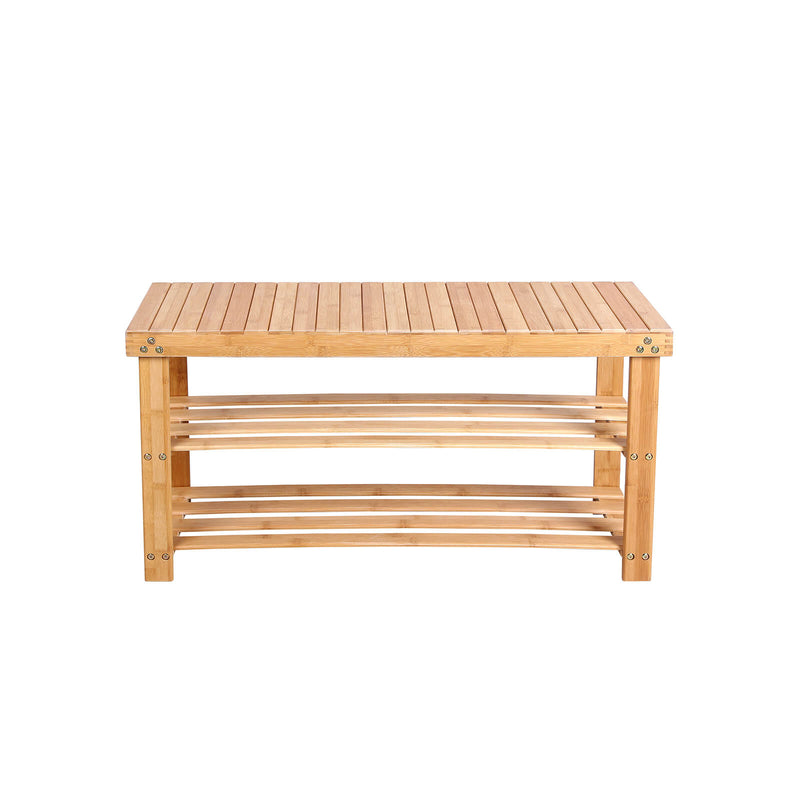Front view of the bamboo shoe bench showing the slatted seat and two shelves