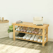 Bamboo shoe bench in a hallway with a bag and phone on top and shoes on both shelves