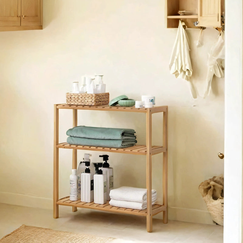 Songmics bamboo shelf styled with shoes and plants