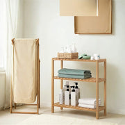 Close-up of slatted bamboo shelf for water drainage