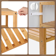 Songmics bamboo shelf used in a bathroom for towels and bottles
