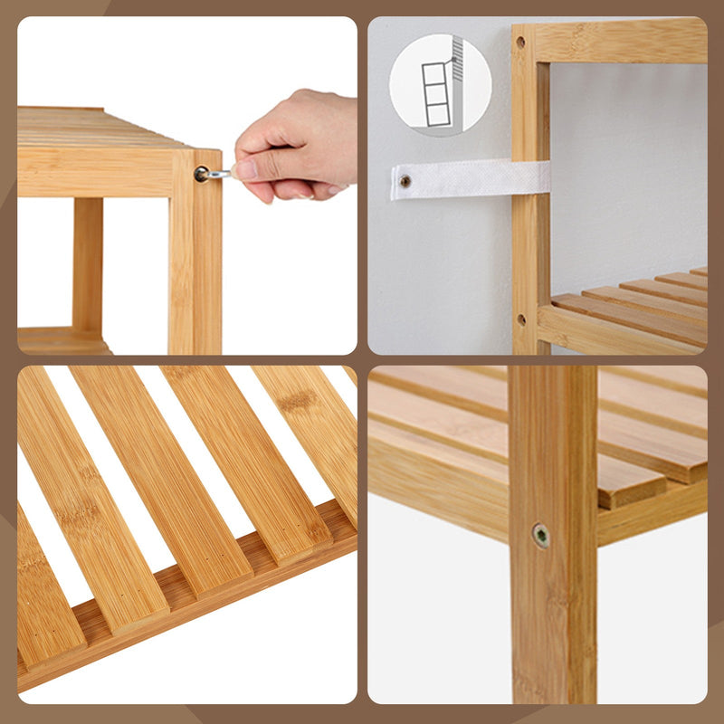 Songmics bamboo shelf used in a bathroom for towels and bottles