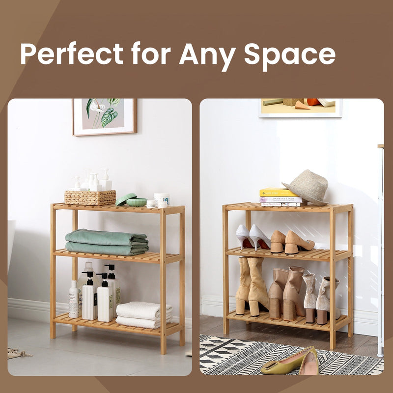 Songmics bamboo shelf used in a hallway for shoe storage