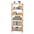 6-tier bamboo storage shelf holding handbags, folded towels, storage boxes and a clock